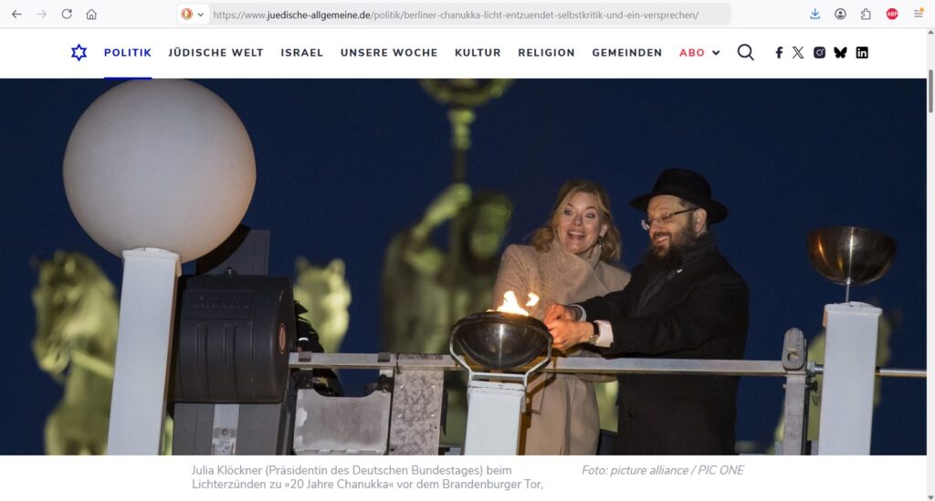 Chanukka, BRD, Berlin, Licht, Judentum, Religion, Berlin, Europas größter jüdischer Leuchter in Berlin, Jüdische Allgemeine, Brandenburger Tor, Jüdischen Gemeinde Chabad Berlin, Kai Wegner, Bundesbildungsministerin Karin Prien, Israels Botschafter Ron Prosor, Jan Philipp Burgard , Igor Levit. Julia Klöckner, Yehuda Teichtal, Lichterfest, Tempel, Jerusalem,